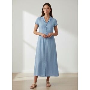 Talbots Petites Irish Linen Button Front Midi Dress Sky Blue Size 2